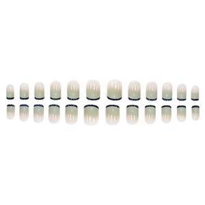 French gradient press-on nails in pink and green with blue tips 24pcs short round style