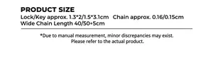 Detailed size chart for key and lock pendant necklace showing chain length and dimensions