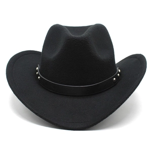 Classic black felt western cowboy hat with silver studded leather band on white background