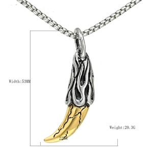 Detail view showing a 53mm wolf tooth pendant in silver and gold steel with size specs