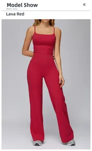 Lava red yoga set with thin strap tank top and high-waist wide-leg pants on model