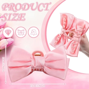 Pink satin bow hair claw clip for women with detailed size measurements and side view