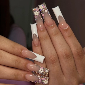 Press On Nails Extra Long Coffin Fake Nails French White Tip With 3D Flower Rhinestones Crystal Silver Glitter For Women