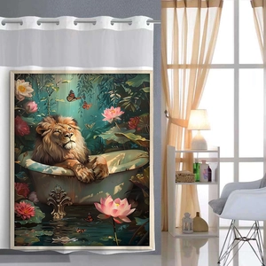 Detail of artistic shower curtain featuring a lion in a bathtub with lotus flowers