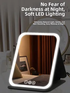 Detail view of foldable LED makeup mirror with touch control and sleek leather texture