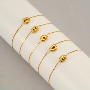 Trendy Gold Plated Stainless Steel Puffy Alphabet Initial Pendant Bracelet For Women Minimalist Dainty Jewelry