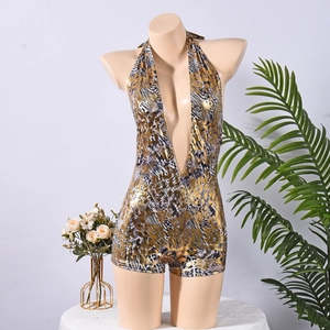Detail of leopard print gold stamping fabric on a backless halter jumpsuit for women