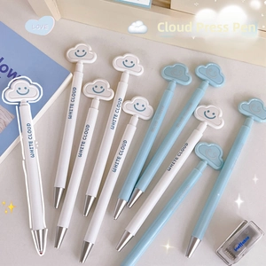 Detail of creative cloud retractable gel pen with smiley face topper in white and blue