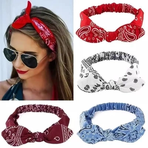 Paisley Print Bunny Ear Elastic Headband Knotted Bandana Pattern Fabric Hair Band For Women Girls Yoga Sports Daily