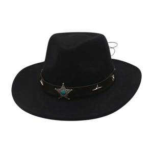Black wool felt western cowboy hat with vintage star and turquoise ethnic band ornament
