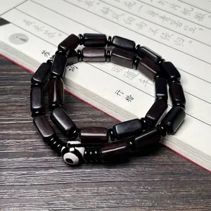 Vintage Unisex Sandalwood Ebony Wood Beaded Bracelet With Dzi Bead Handmade Polished Geometric Wood Beads Mala Bracelet For Meditation Ethnic Jewelry Gift
