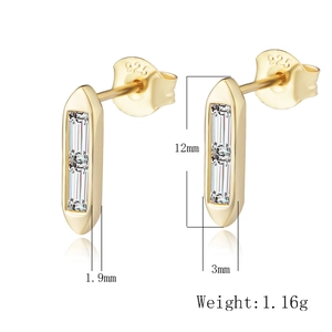 Detail view of gold geometric rectangle earrings with zircon inlay and S925 hallmark
