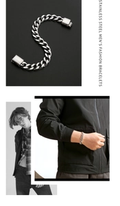 Detail of silver stainless steel Cuban link bracelet with professional model lifestyle shots