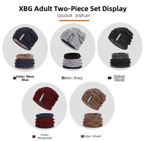 Detailed grid of winter beanie and neck warmer sets in five colors with soft fleece lining