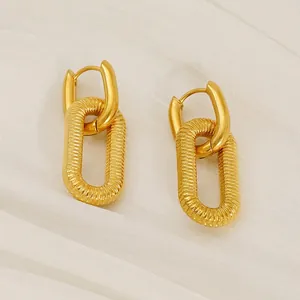 Boucles D'Oreilles Géométriques Double Anneau Ovale Acier Inoxydable Plqué Or 18K Texture Fil Spirale Bijoux Vintage Femmes