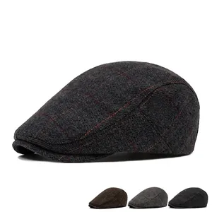 Men's wool blend tweed flat cap with vintage herringbone and subtle plaid pattern