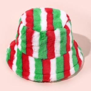 Detailed close-up of fluffy red, white, and green striped plush bucket hat for Christmas
