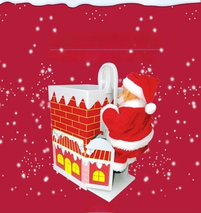 Detailed view of musical electric climbing Santa Claus with chimney and gift bag