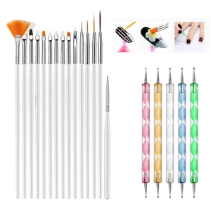 Professional 20pcs nail art brush set with dotting tools and white liner brushes