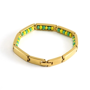 Minimalist titanium steel beaded bracelet with gold geometric links and colorful beads