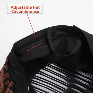 Detail view of the leopard print beret featuring an adjustable inner velcro strap