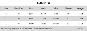 Detailed size measurement table for long sleeve bodycon dress with bust and waist info