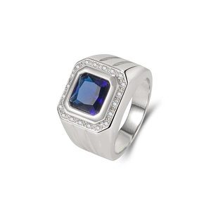 Men's silver ring featuring a large square blue sapphire zircon with micro-pave crystals
