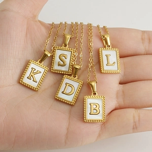 18K gold plated stainless steel initial shell necklaces with rectangular pendants
