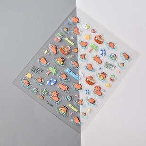 5D embossed Capybara nail stickers with summer coconut tree and swim ring motifs
