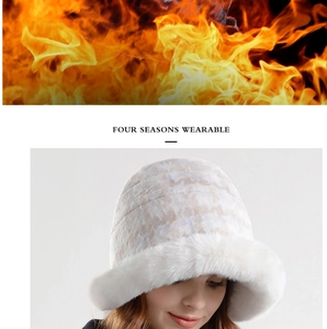 Detail of warm white plush bucket hat with thick faux fur material for winter insulation