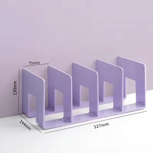 Detail view of a lilac purple four-compartment acrylic desk bookend with dimensions