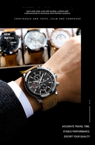 Close-up of multifunctional quartz watch with black dial and brown leather strap