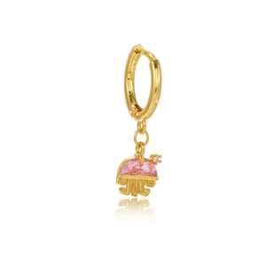 Close-up of 18K gold dangle earring with pink zircon and small diamond on white background