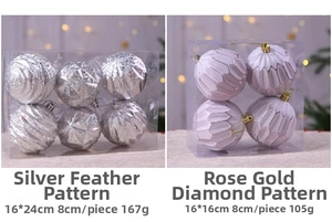 Detail of silver feather and rose gold diamond texture Christmas baubles in PVC boxes