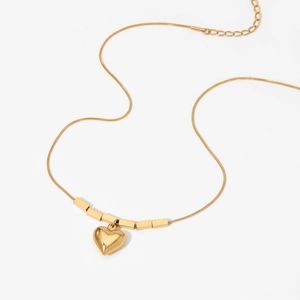 Gold stainless steel snake chain necklace with heart pendant and square beads