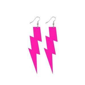 Close-up of pink acrylic lightning bolt earrings with metallic hooks on a white background