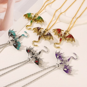 Vintage enamel dragon pendant necklace in multiple colors with crystal accents