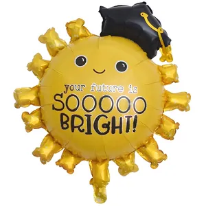 Smiley sun graduation foil balloon with black mortarboard hat for party decoration