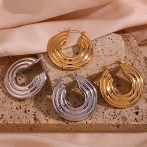Hoop Earrings 316L Stainless Steel Triple Layer Stepped Wave Texture 18K Gold Plated Fashion For Women
