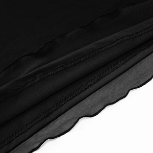 Macro detail of sheer black mesh dress featuring delicate lettuce edge hems and double layers