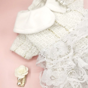 Detail of tweed pet dress featuring faux fur collar pearl accents and matching flower clip