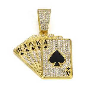 Hip-hop gold plated poker cards pendant with micro-paved cubic zirconia on cuban chain