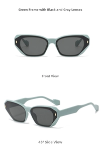 Front and side view of mint green cat-eye sunglasses with thick frames and golden details