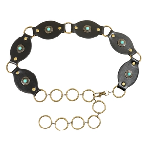 Cintura bohémien in pelle nera con pietre turchesi e dettagli floreali concho in ottone