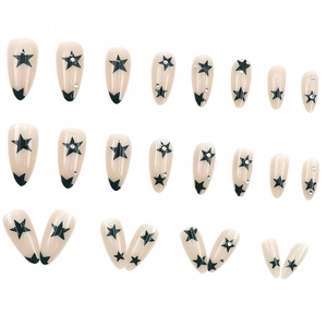 Army green star print almond press-on nails with rhinestones on nude base 24pcs set