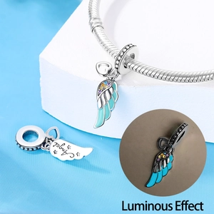 Silver angel wing pendant with luminous glow effect and blue enamel for DIY bracelets