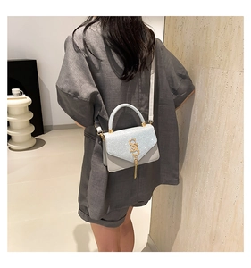 Rear view of model wearing a stylish silver sequin crossbody bag with gold SS buckle