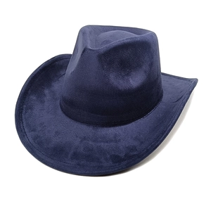 Detail of navy blue suede fedora featuring a classic western cowboy style crown and wide brim
