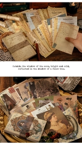 Macro detail of vintage ephemera paper including old receipts and floral collage cards