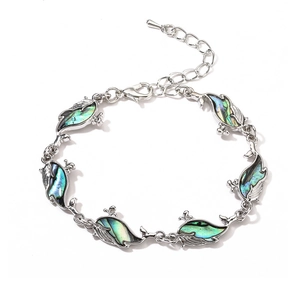 Silver whale charm bracelet with colorful abalone shell inlay for a beach ocean style